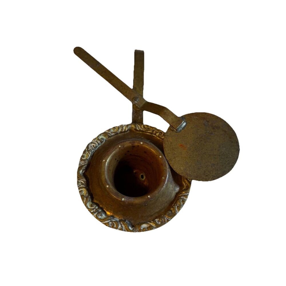 Vintage Copper And Brass Bunsen Burner Or Sterno Pot With Swivel Lid And Patina